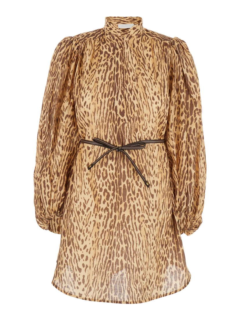 Cascadian Beige Tunic Dress with Stand-Up Collar and All-Over Leopard Print in Linen Woman