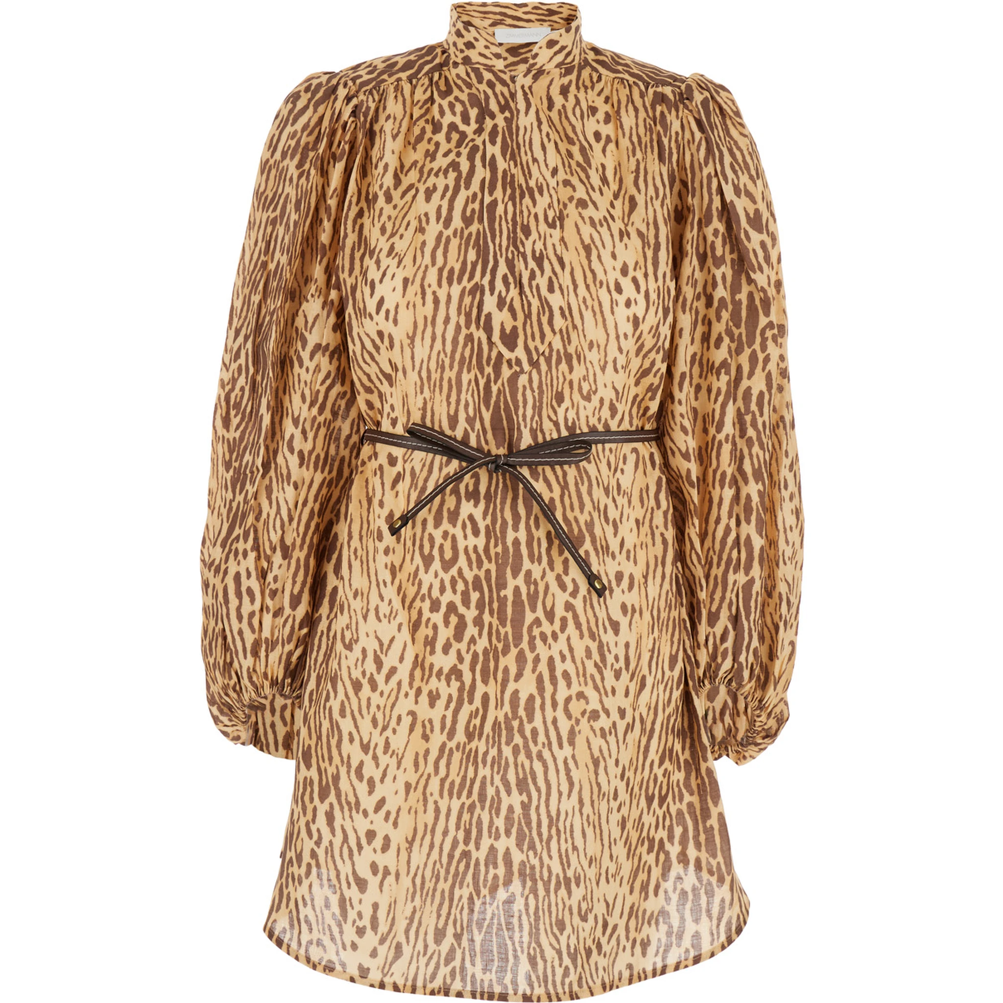Cascadian Beige Tunic Dress with Stand-Up Collar and All-Over Leopard Print in Linen Woman