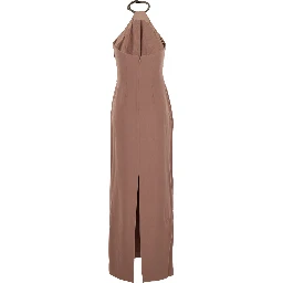 Riva Brown Long Dress with Rhinestone-Embellished Neckline and Drape Details in Twill Woman