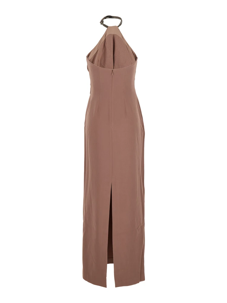 Riva Brown Long Dress with Rhinestone-Embellished Neckline and Drape Details in Twill Woman alternative