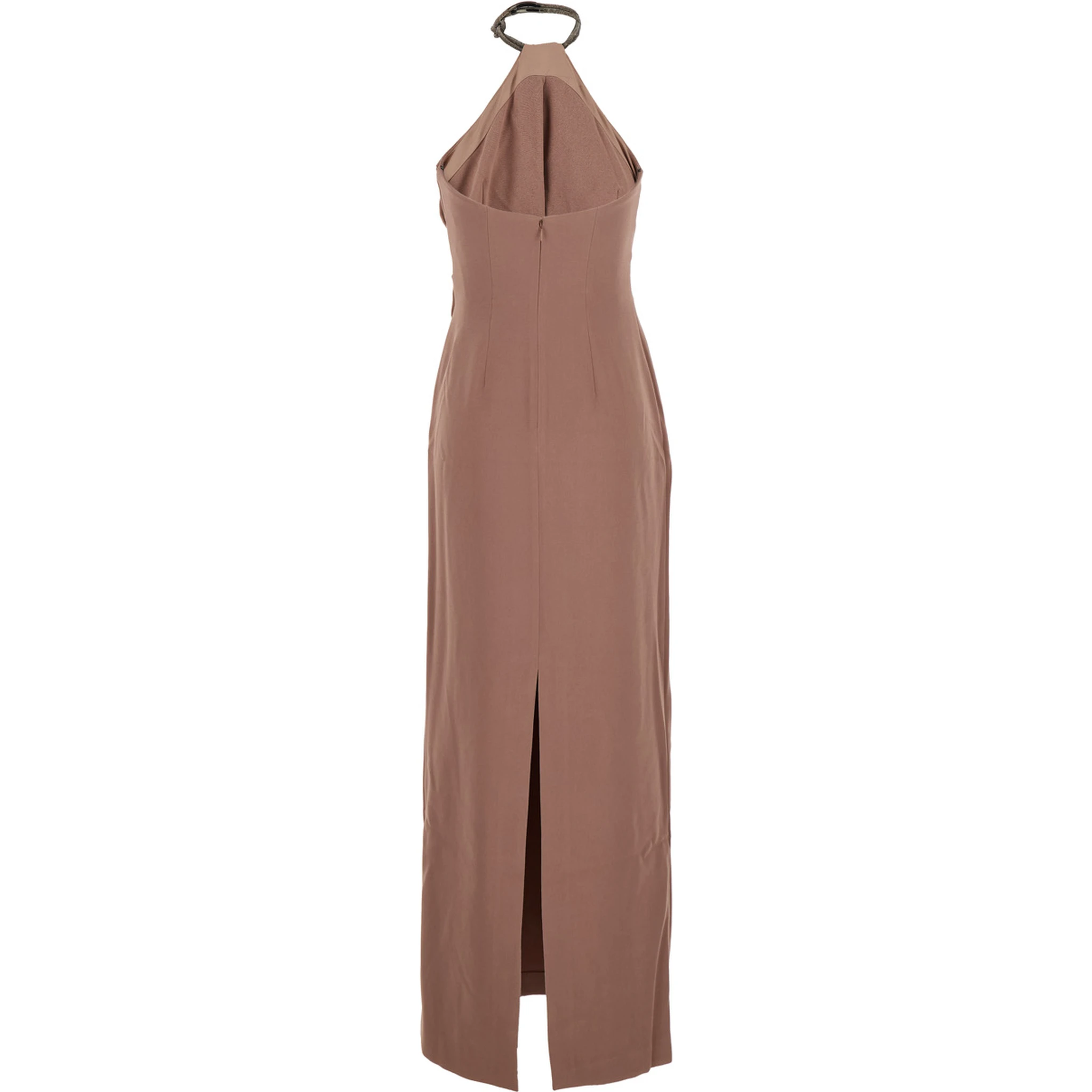 Riva Brown Long Dress with Rhinestone-Embellished Neckline and Drape Details in Twill Woman