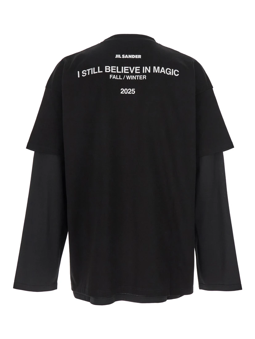 Black Crewneck T-Shirt with Logo Lettering on the Rear and Layered Design in Cotton Man