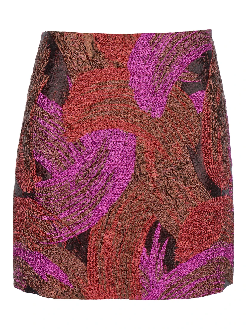 Fuchsia Mini Skirt with All-Over Broccato Motif and Concealed Rear Zip Closure in Tech Fabric Woman