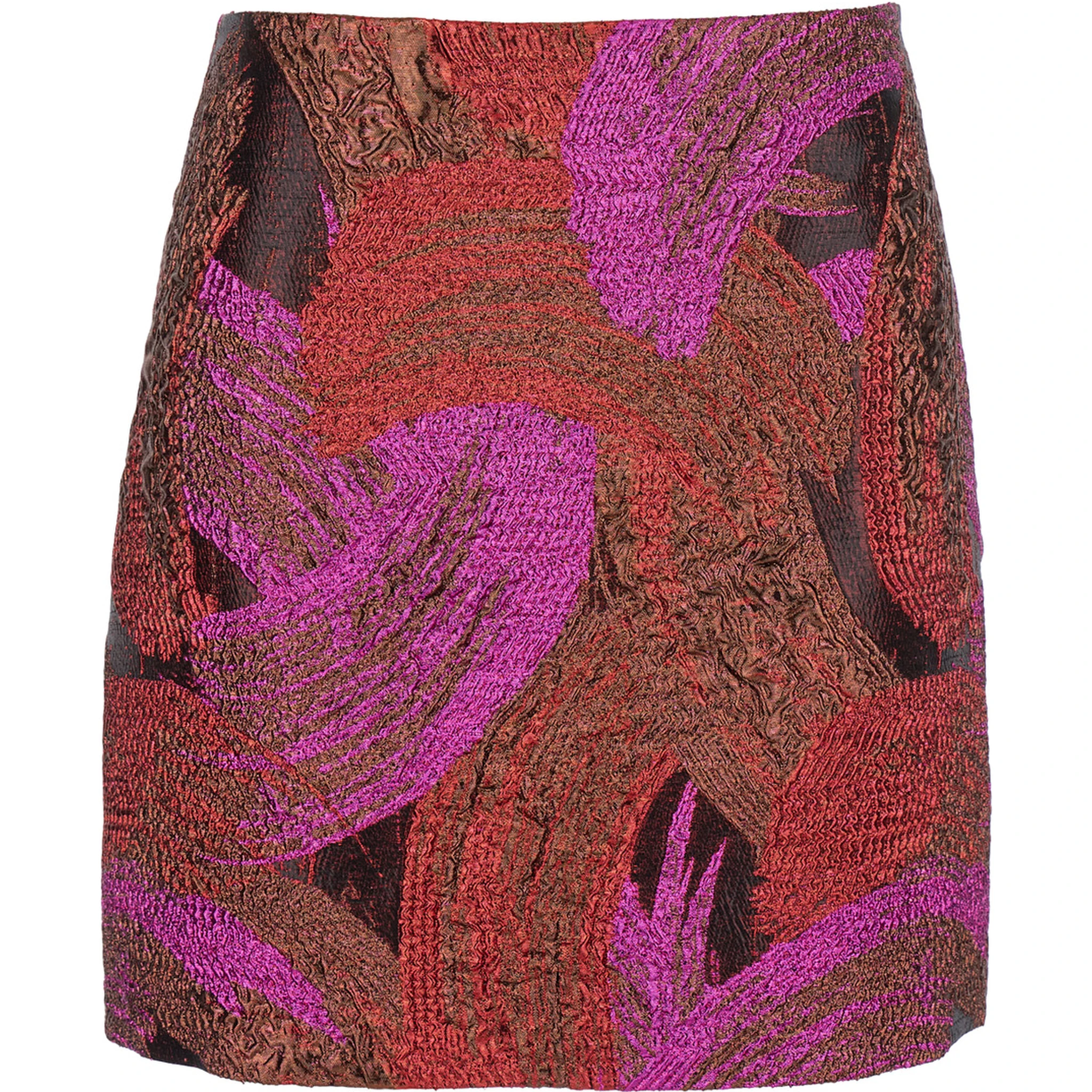 Fuchsia Mini Skirt with All-Over Broccato Motif and Concealed Rear Zip Closure in Tech Fabric Woman