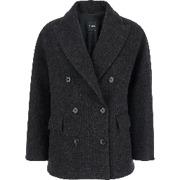 Brown Double-Breasted Jacket with Peak Revers and All-Over Check Motif in Wool Woman