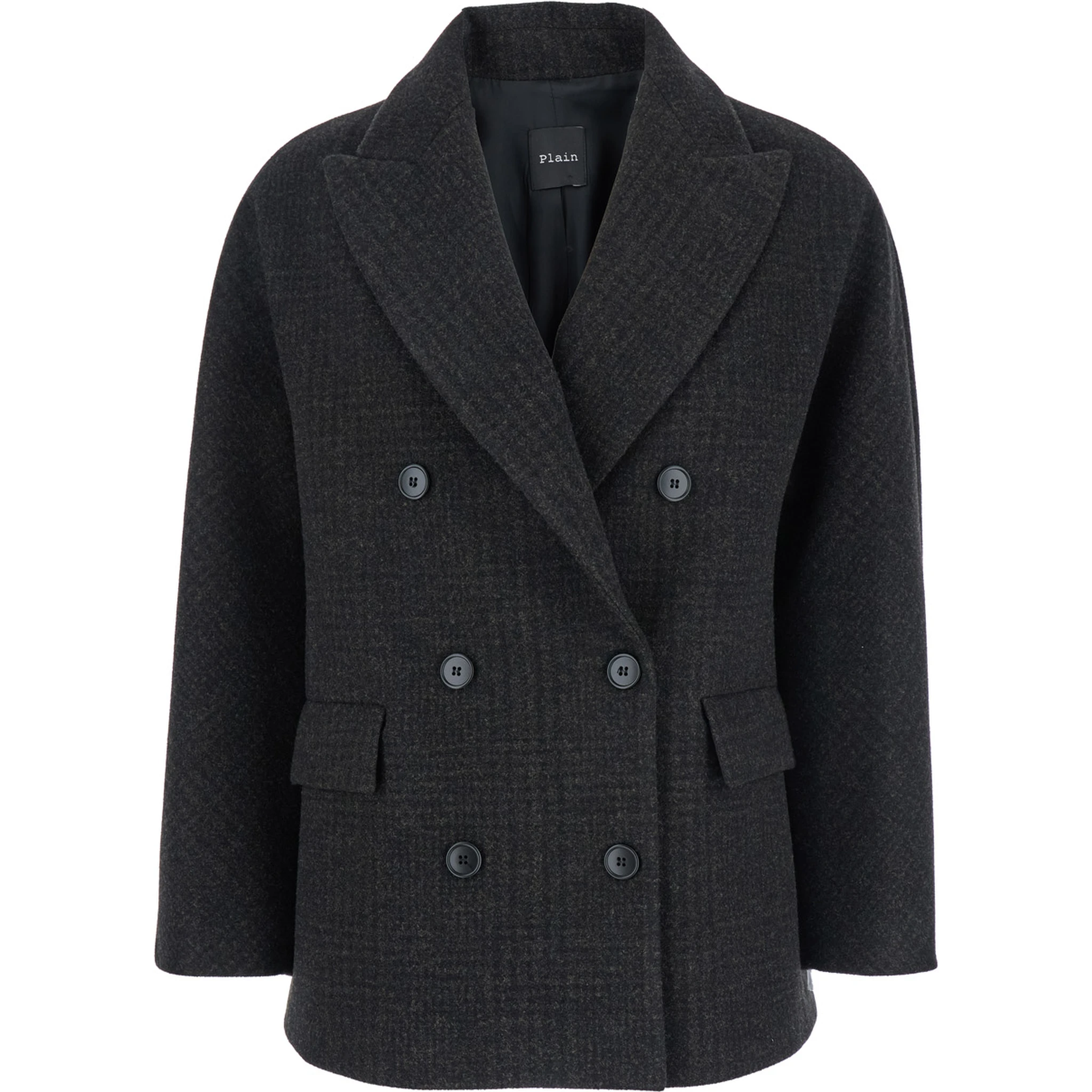 Brown Double-Breasted Jacket with Peak Revers and All-Over Check Motif in Wool Woman