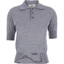 Grey Polo Shirt with Classic Collar and Logo Embroidery on the Front in Wool and Silk Woman