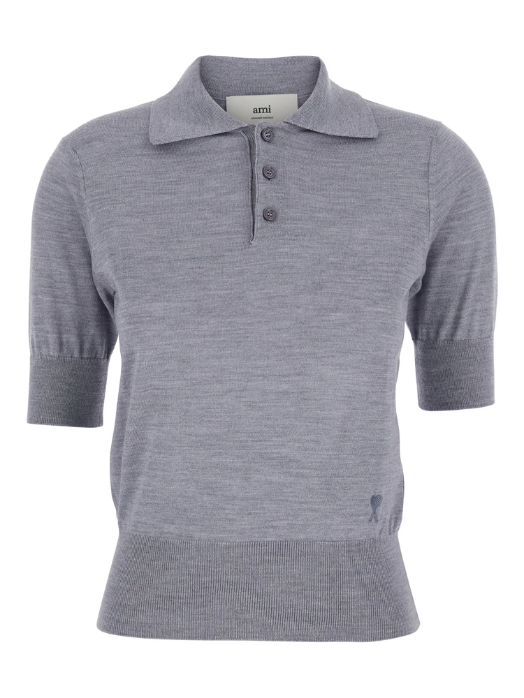 Grey Polo Shirt with Classic Collar and Logo Embroidery on the Front in Wool and Silk Woman