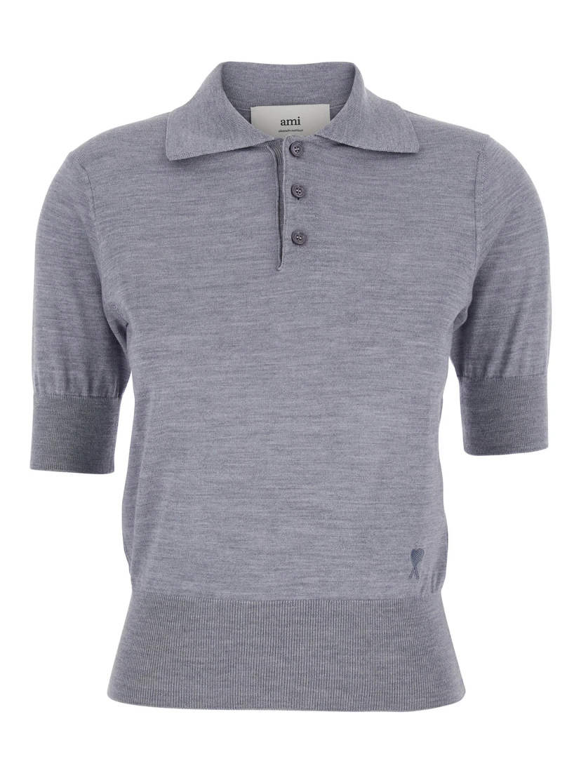 Grey Polo Shirt with Classic Collar and Logo Embroidery on the Front in Wool and Silk Woman