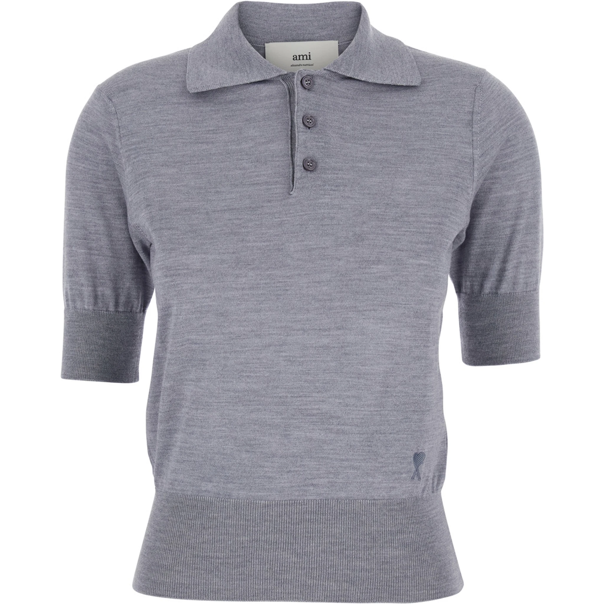 Grey Polo Shirt with Classic Collar and Logo Embroidery on the Front in Wool and Silk Woman