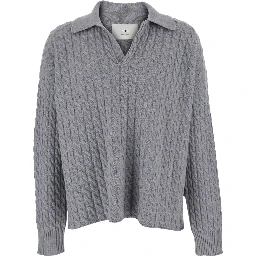 Grey Polo Shirt with Woven Design in Wool Man