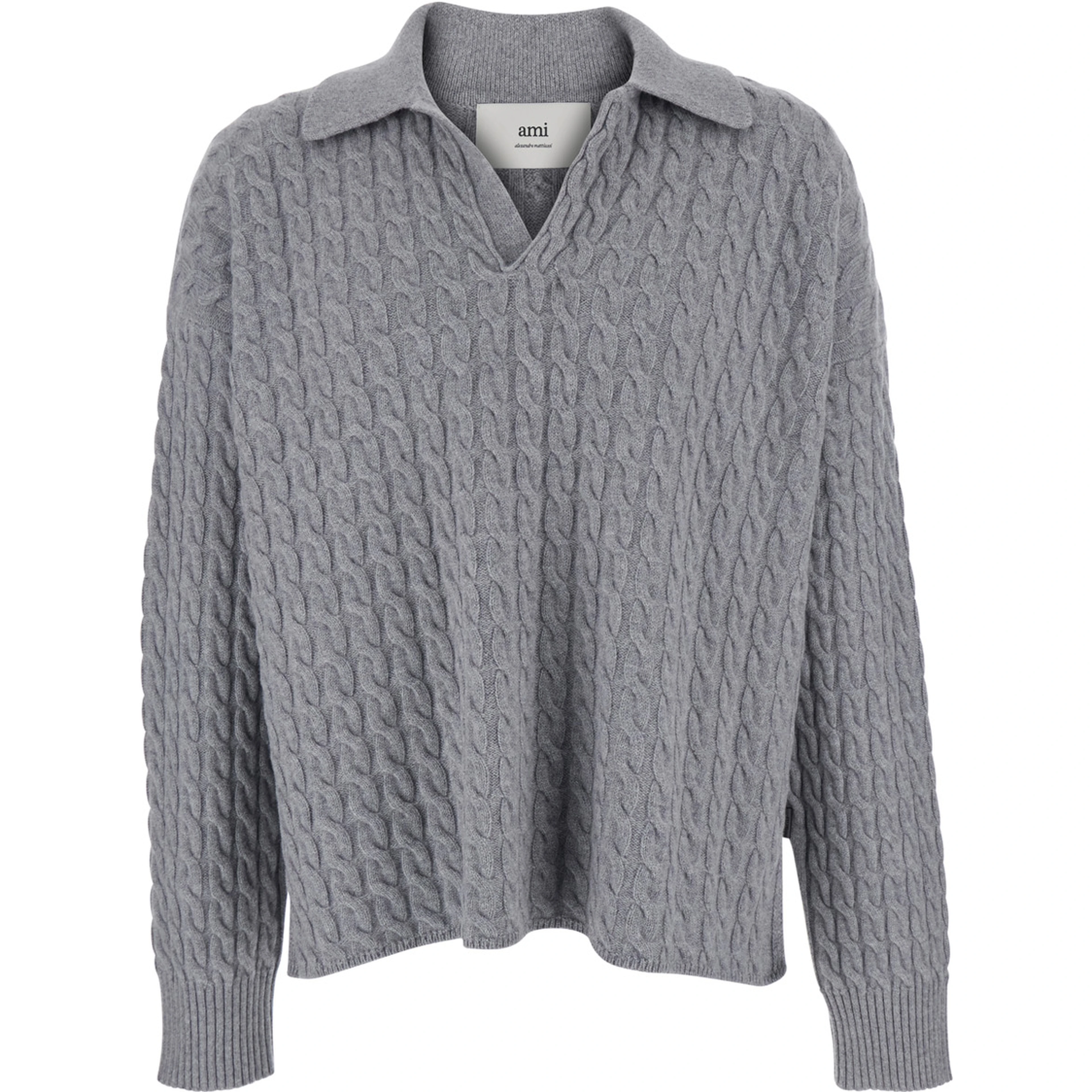Grey Polo Shirt with Woven Design in Wool Man
