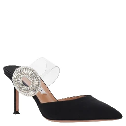 Black Slingback Mules with Crystal Embellishment and Transparent Strap in Suede Woman