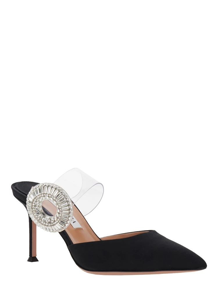 Black Slingback Mules with Crystal Embellishment and Transparent Strap in Suede Woman alternative