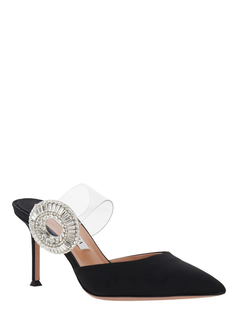 Black Slingback Mules with Crystal Embellishment and Transparent Strap in Suede Woman