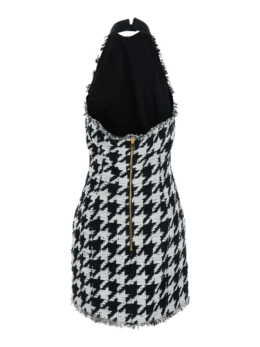 Black and White Halterneck Mini Dress with Houndstooth Motif in Tweed and Satin Woman