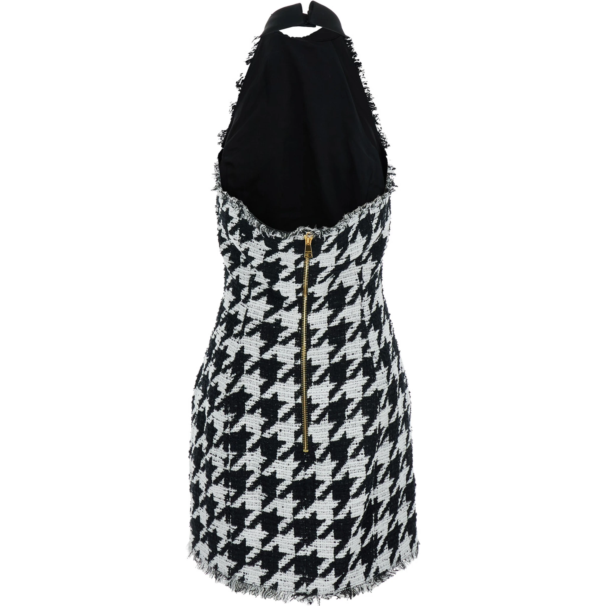 Black and White Halterneck Mini Dress with Houndstooth Motif in Tweed and Satin Woman