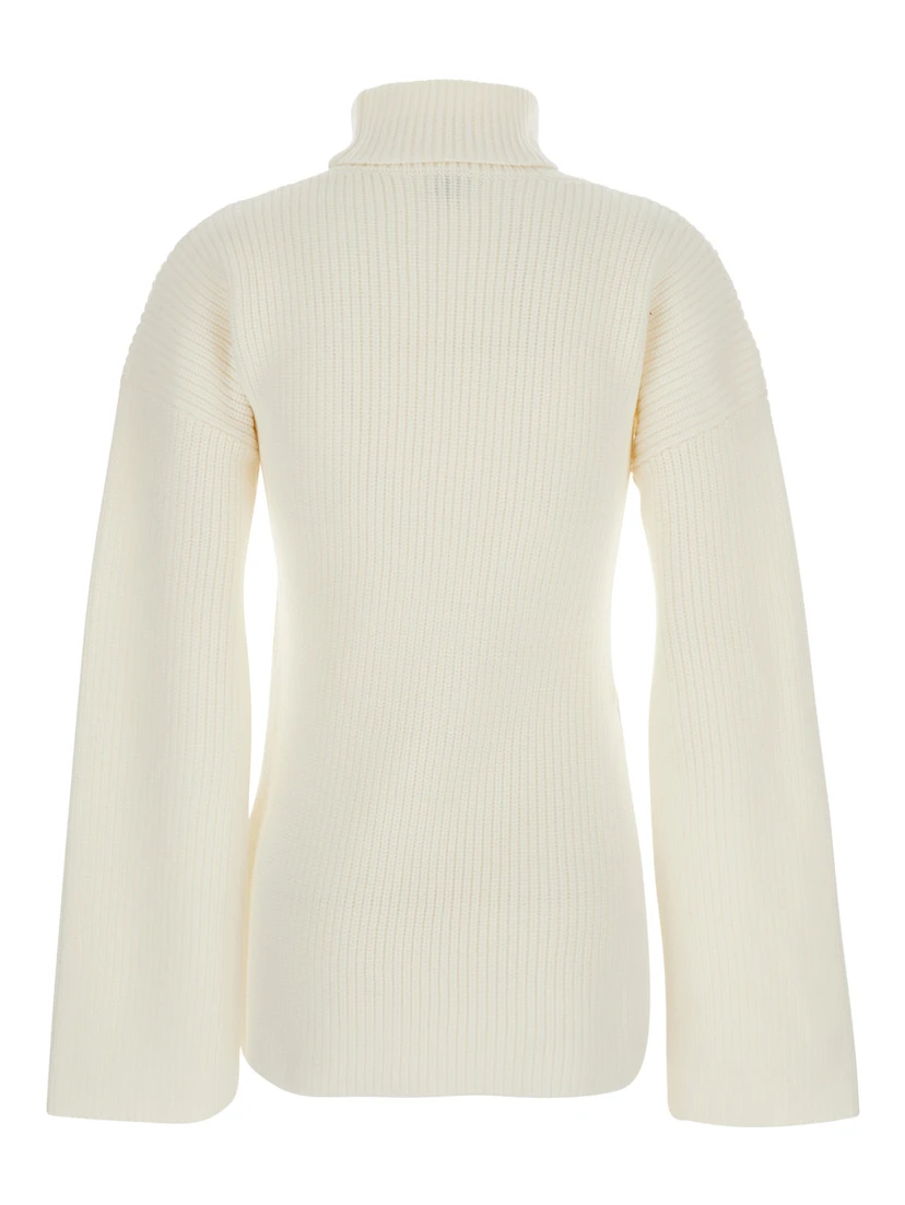 White High Neck Jumper with Ribbed Design in Wool Woman