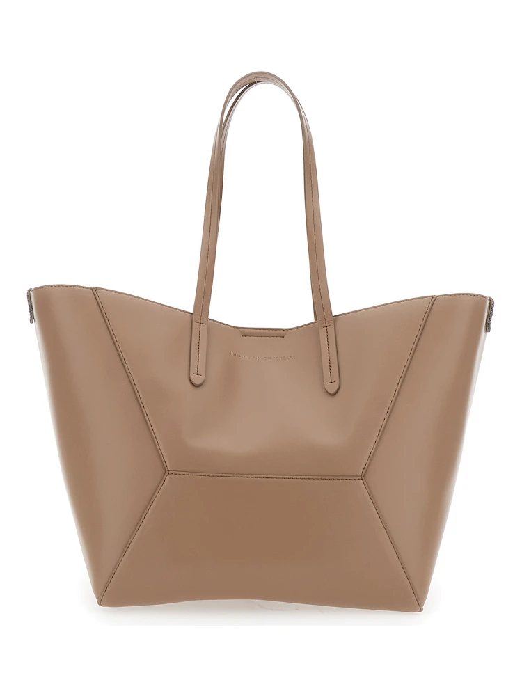 Beige Tote Bag with Logo Lettering on the Front and Geometric Panels Design in Leather Woman