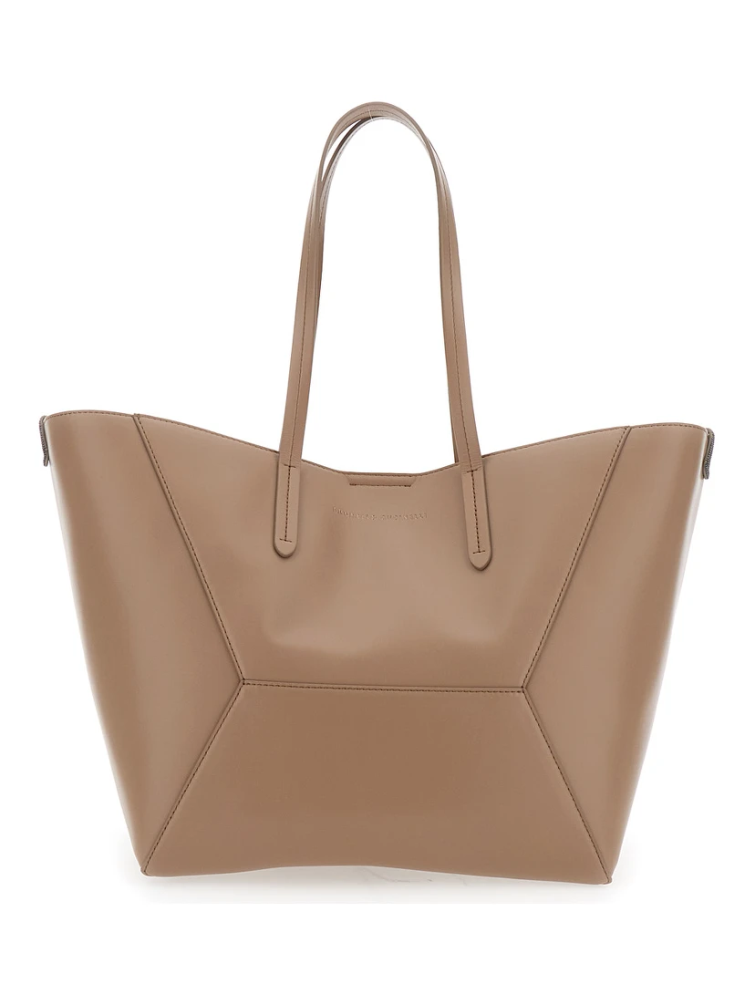 Beige Tote Bag with Logo Lettering on the Front and Geometric Panels Design in Leather Woman