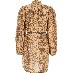 Cascadian Beige Tunic Dress with Stand-Up Collar and All-Over Leopard Print in Linen Woman