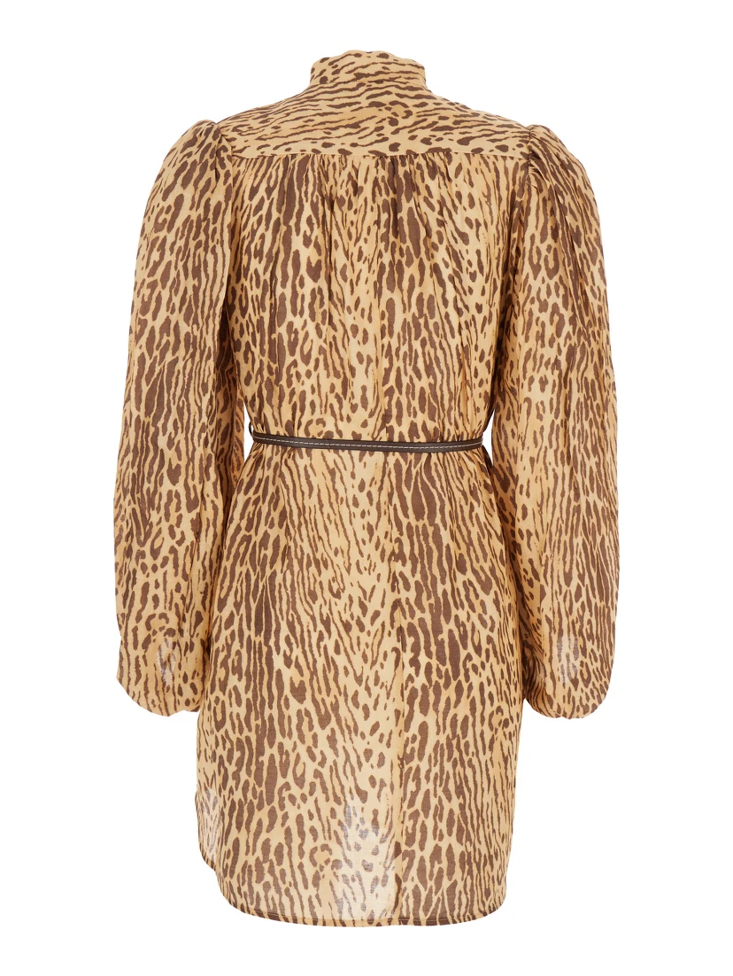 Cascadian Beige Tunic Dress with Stand-Up Collar and All-Over Leopard Print in Linen Woman