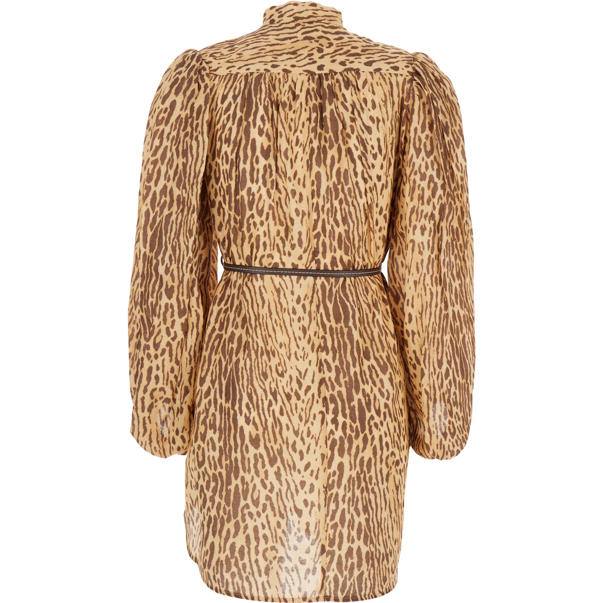 Cascadian Beige Tunic Dress with Stand-Up Collar and All-Over Leopard Print in Linen Woman