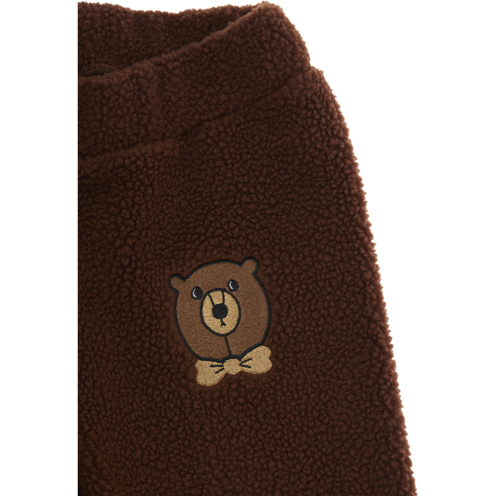 Brown Trousers with Elastic Waist and Front Logo Patch in Faux Fur Girl