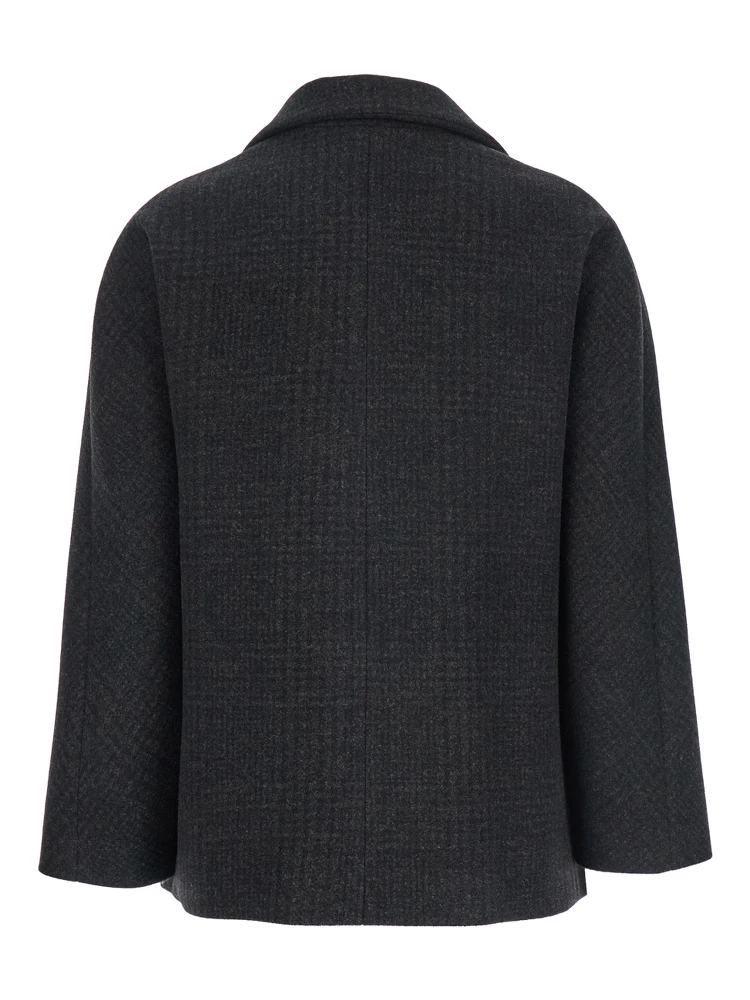 Brown Double-Breasted Jacket with Peak Revers and All-Over Check Motif in Wool Woman alternative