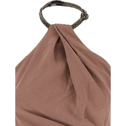 Riva Brown Long Dress with Rhinestone-Embellished Neckline and Drape Details in Twill Woman