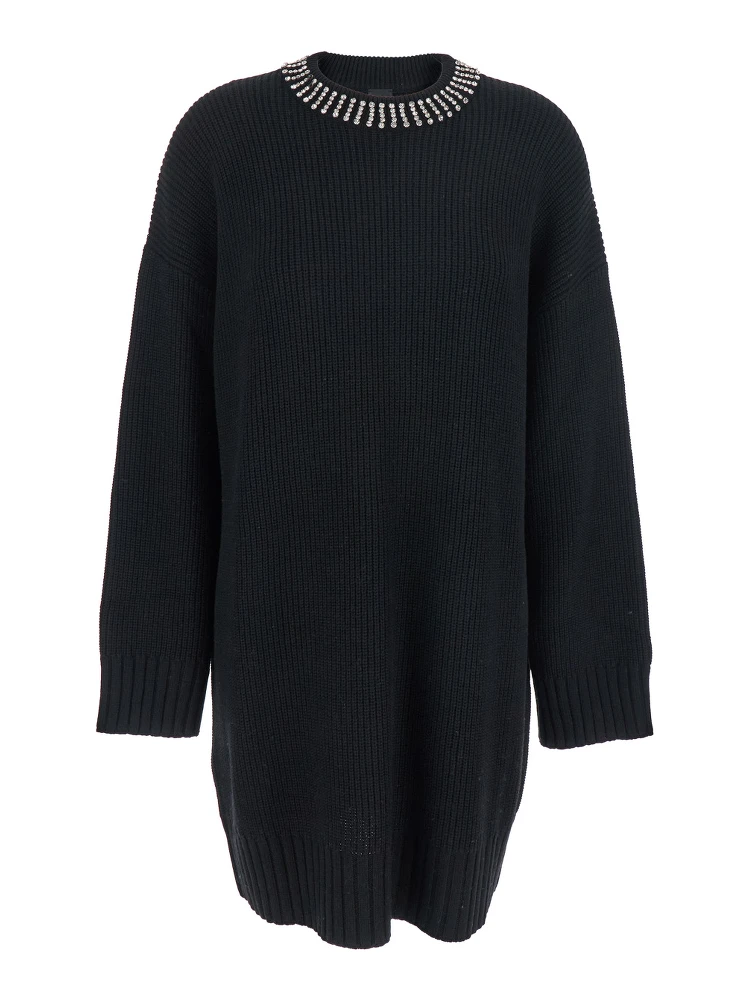 Black Dress with Droped Shoulder and Crystal Embellishments in Cashmere Woman