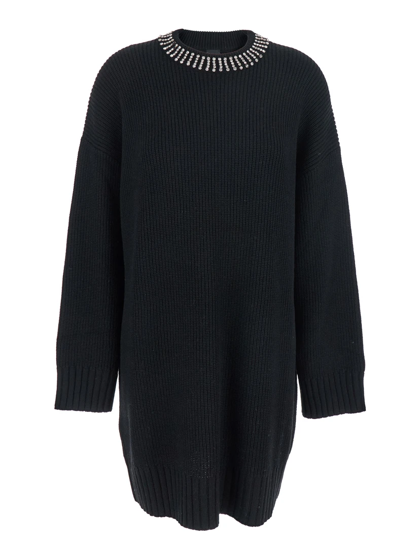 Black Dress with Droped Shoulder and Crystal Embellishments in Cashmere Woman