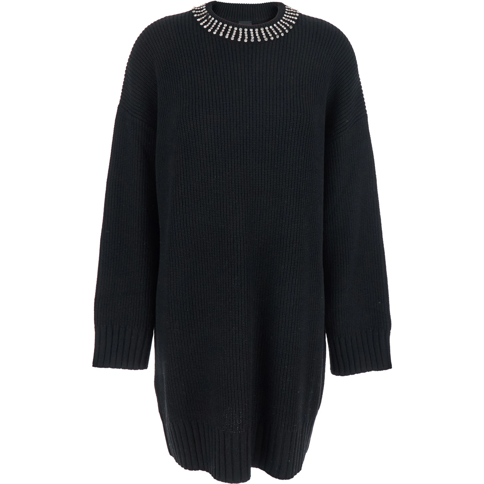 Black Dress with Droped Shoulder and Crystal Embellishments in Cashmere Woman