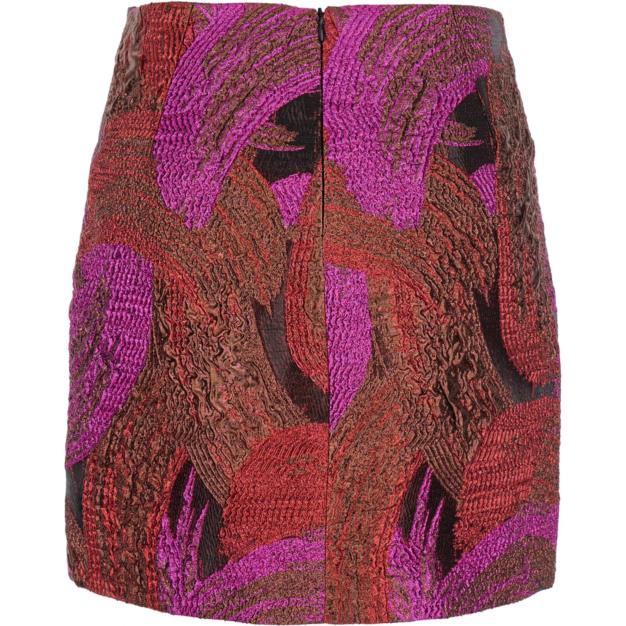 Fuchsia Mini Skirt with All-Over Broccato Motif and Concealed Rear Zip Closure in Tech Fabric Woman