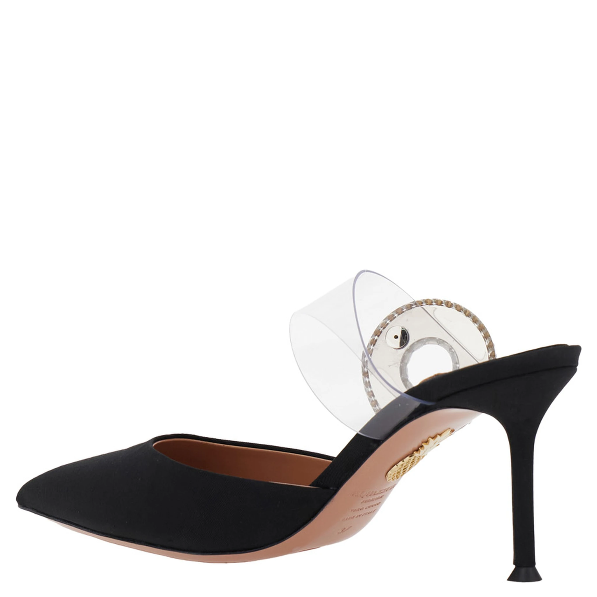 Black Slingback Mules with Crystal Embellishment and Transparent Strap in Suede Woman