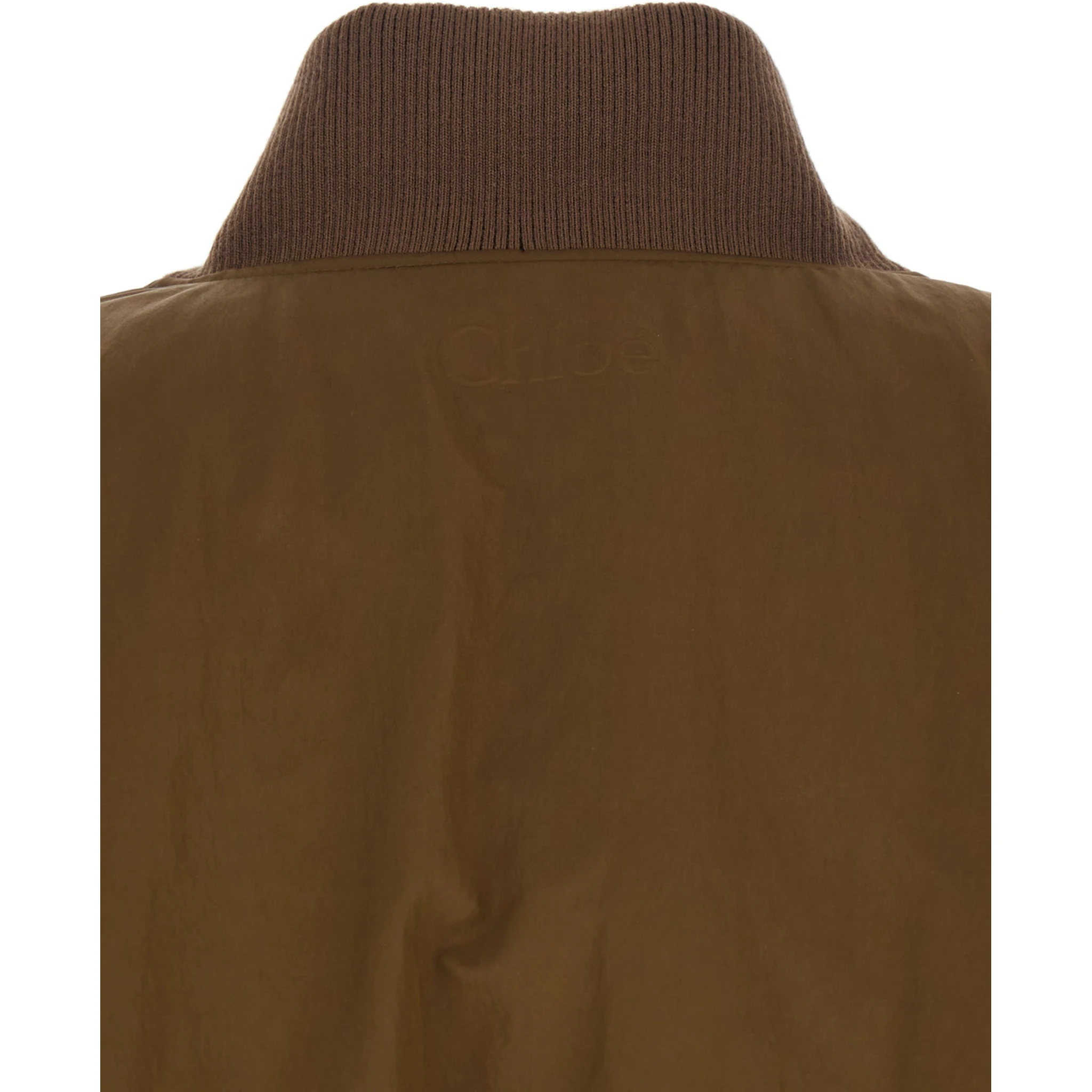 Brown Bomber Jacket with V Neck and Front Zip Closure in Tech Fabric Woman