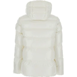 Eleodoro White Down Jacket with Drawstring Hood and Love Birds Diamond Cut Patch on the Fornt in Tech Fabric Woman