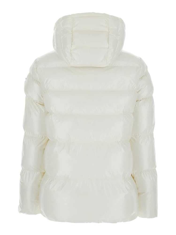 Eleodoro White Down Jacket with Drawstring Hood and Love Birds Diamond Cut Patch on the Fornt in Tech Fabric Woman