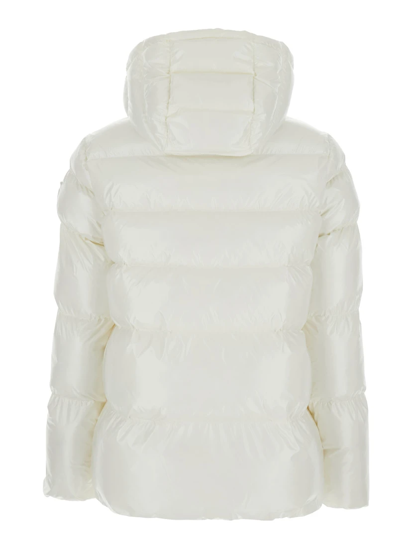Eleodoro White Down Jacket with Drawstring Hood and Love Birds Diamond Cut Patch on the Fornt in Tech Fabric Woman