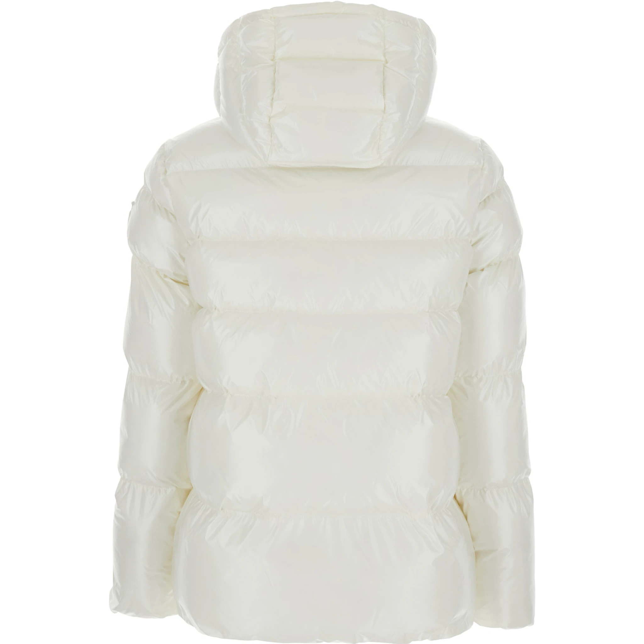 Eleodoro White Down Jacket with Drawstring Hood and Love Birds Diamond Cut Patch on the Fornt in Tech Fabric Woman