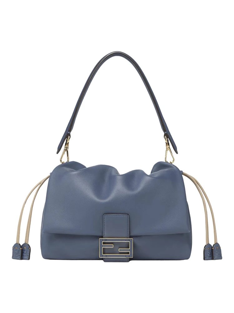 Mamma Baguette Medium Blue Shoulder Bag with FF Closure on the Front in Leather Woman