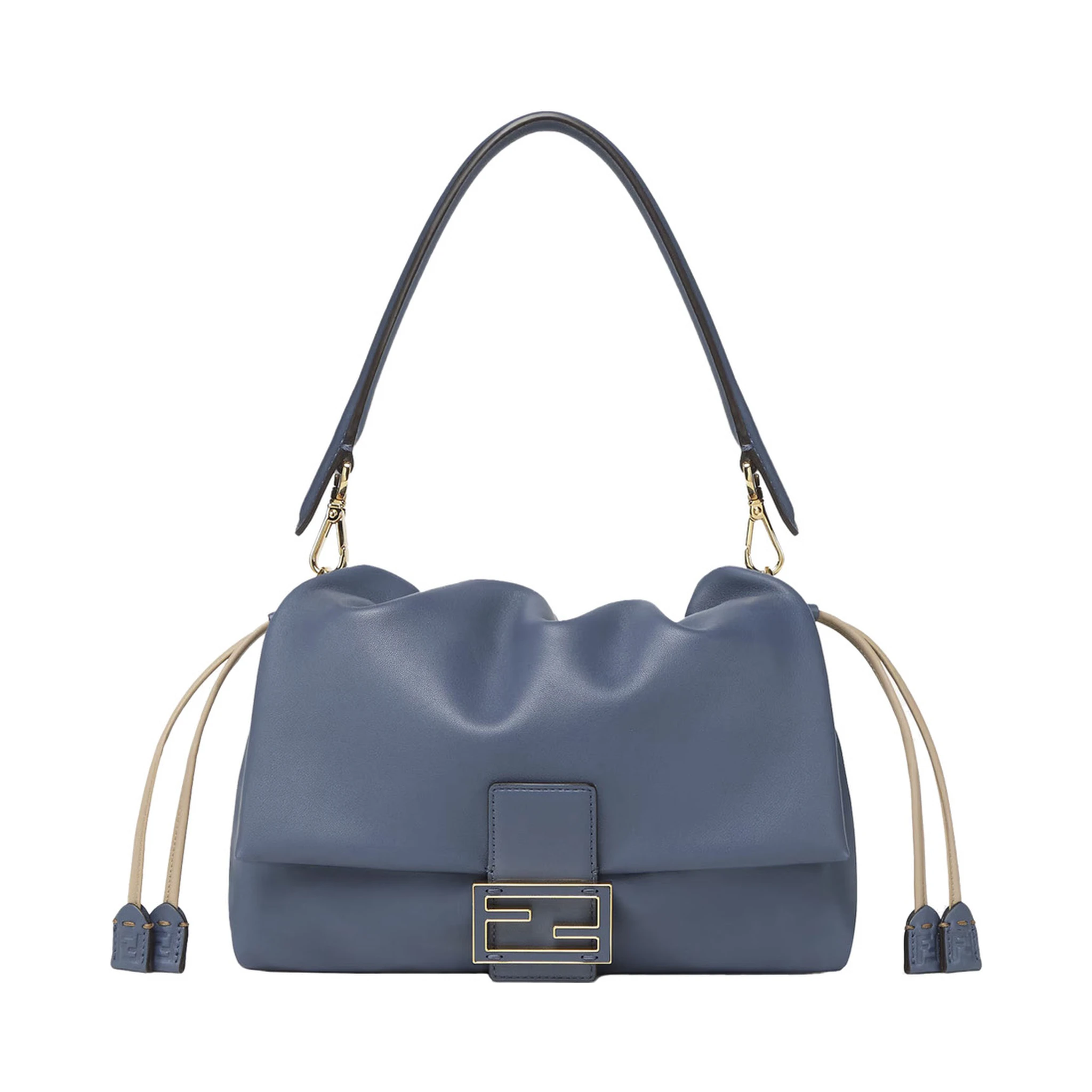 Mamma Baguette Medium Blue Shoulder Bag with FF Closure on the Front in Leather Woman