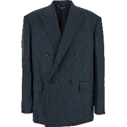 Grey Double-breasted Jacket with Peaked Revers and Patch Pockets on Front in Wool Man