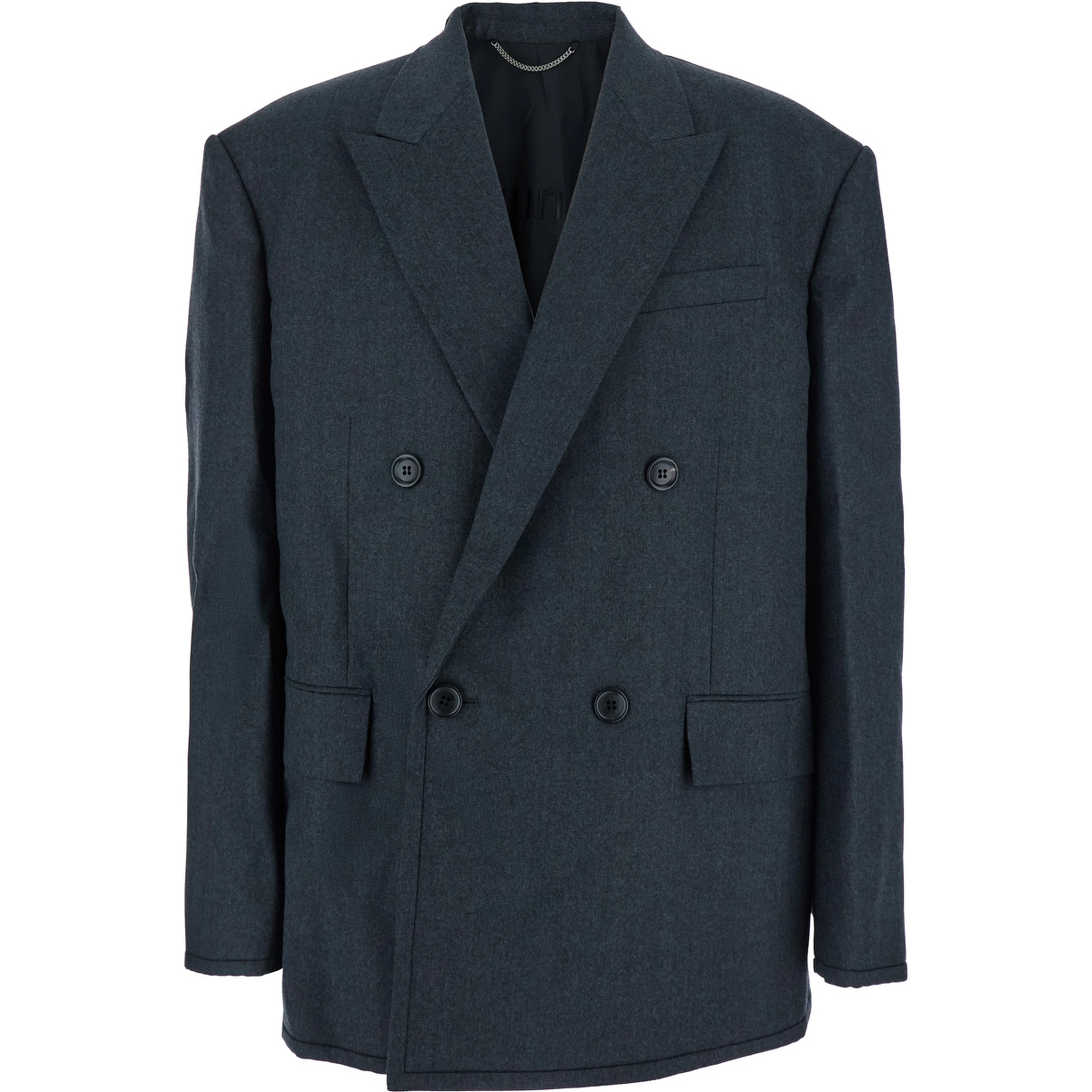 Grey Double-breasted Jacket with Peaked Revers and Patch Pockets on Front in Wool Man