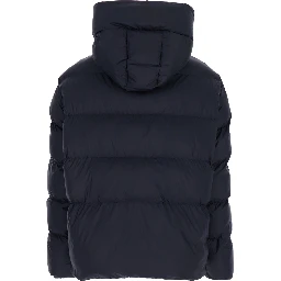 “Giza” Blue Down Jacket with Fixed Hood and Love Birds Diamond Cut Patch on Sleeve in Tech Fabric Woman