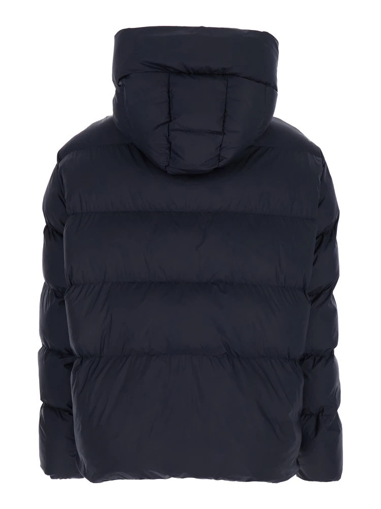 “Giza” Blue Down Jacket with Fixed Hood and Love Birds Diamond Cut Patch on Sleeve in Tech Fabric Woman
