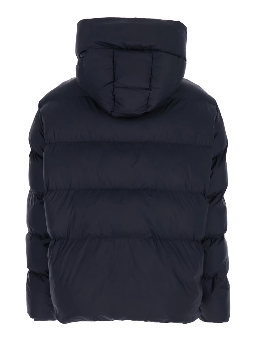 “Giza” Blue Down Jacket with Fixed Hood and Love Birds Diamond Cut Patch on Sleeve in Tech Fabric Woman