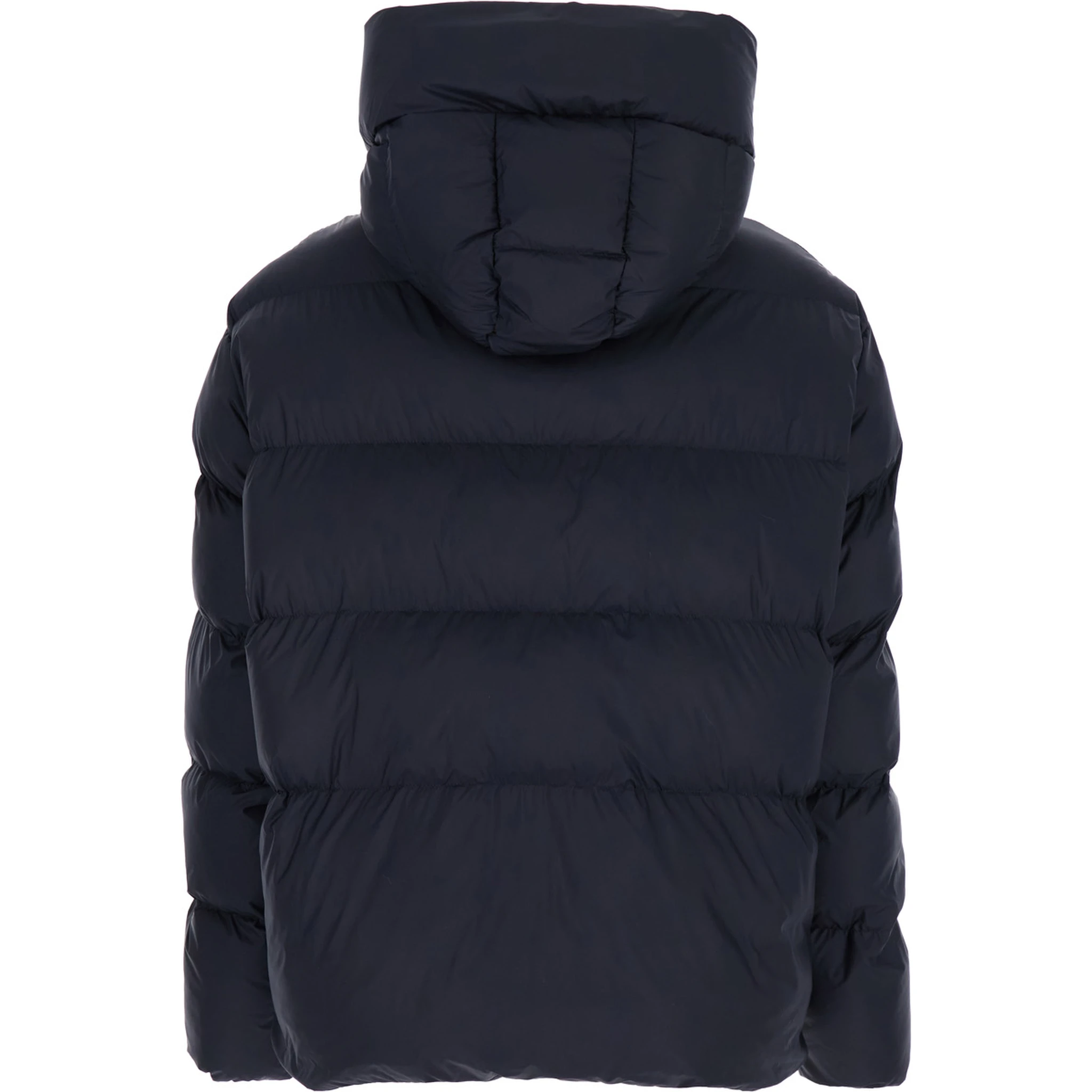 “Giza” Blue Down Jacket with Fixed Hood and Love Birds Diamond Cut Patch on Sleeve in Tech Fabric Woman