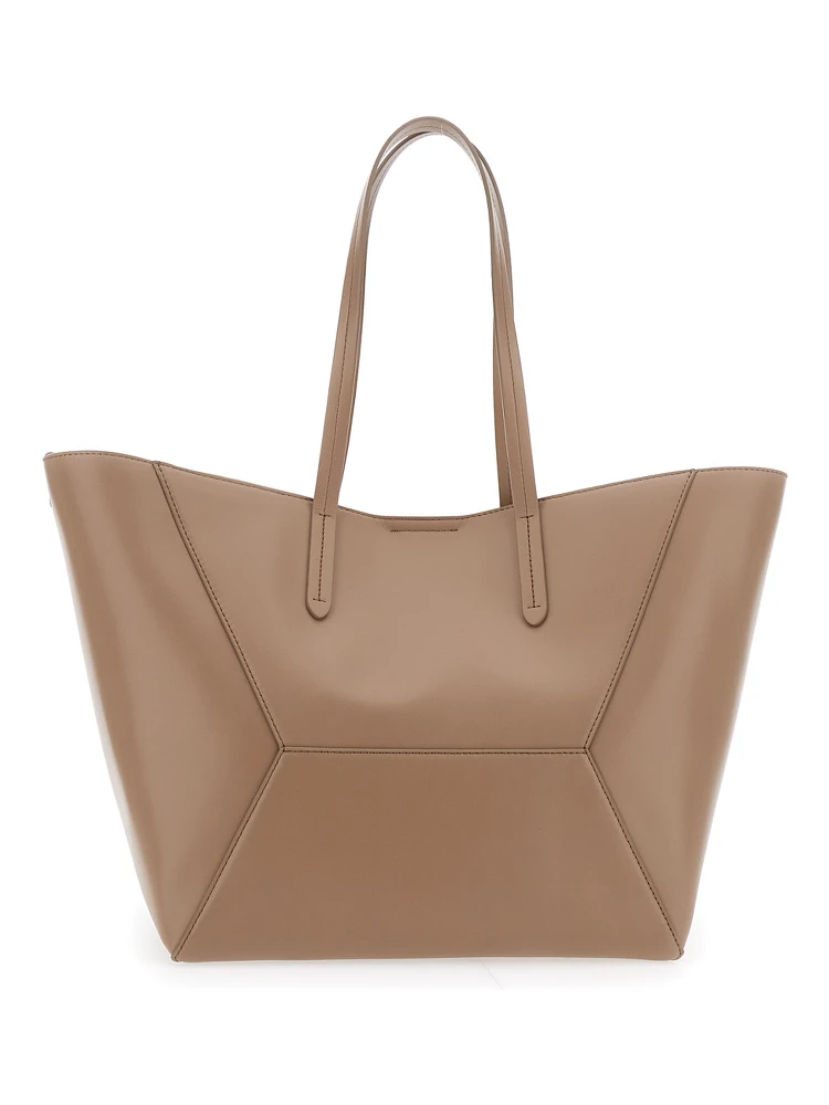 Beige Tote Bag with Logo Lettering on the Front and Geometric Panels Design in Leather Woman alternative