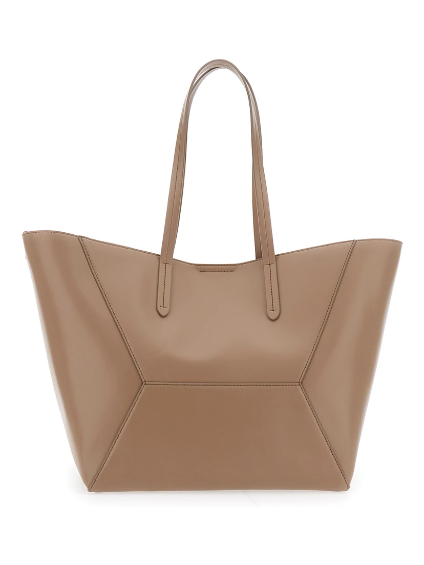 Beige Tote Bag with Logo Lettering on the Front and Geometric Panels Design in Leather Woman